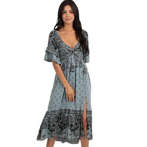Angie Blue Midi Flare Sleeve Tiered Dress with Slit C4H39-A970